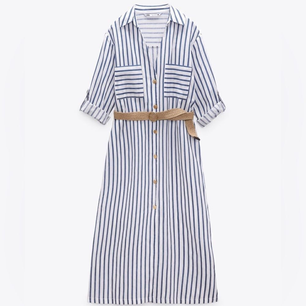 Zara Linen Blend Striped Belted Dress - Picture 6 of 9